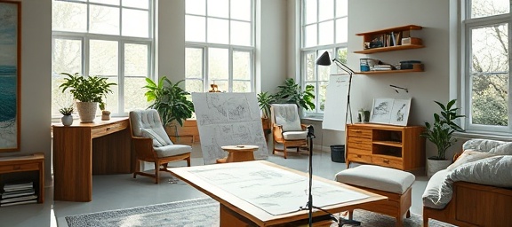 magnificent luxury homes, inspired expression, designing, photorealistic, in an upscale home studio with sketches, highly detailed, sunlight streaming in through large windows, 50mm lens, white & teal, ambient lighting, shot with a Leica SL2.