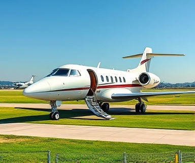exclusive jet travel, leisurely, passengers boarding, photorealistic, private jet parked on a lush green airstrip with clear blue skies, highly detailed, sunlight glinting off sleek surface, realistic skin tones, bright and colorful, backlit lighting, shot with a portrait lens