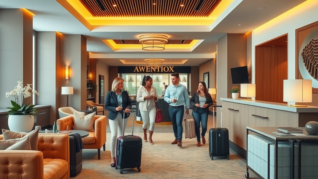 Modern hotel lobby with welcoming staff and travelers seeking lodging