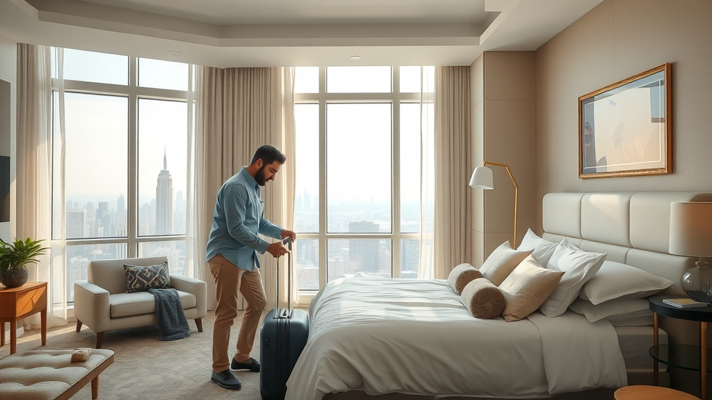 Comfortable hotel room interior with traveler and excellent lodging options