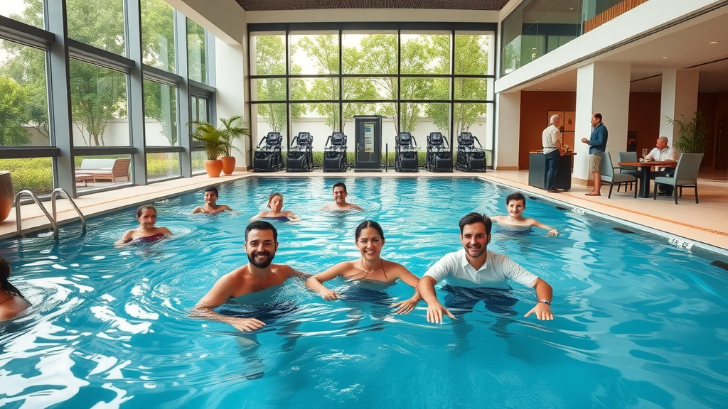 Hotel amenities including pool, gym, and dining area for ideal lodging experience